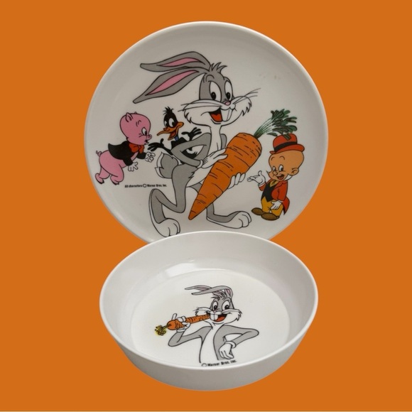 Vintage Looney Tunes Plate and Bowl Bugs Bunny Elmer Fudd Porky Pig Daffy Duck - Picture 1 of 11
